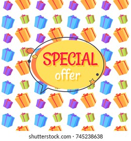 Special offer sale advertisement in round speech bubble seamless pattern background with present boxes. Promotional poster discounts wrapping