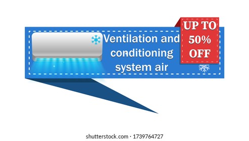 Special offer for the sale of air conditioning, up to 50% discount, blue horizontal banner with a discount. Stock vector illustration on white isolated background.