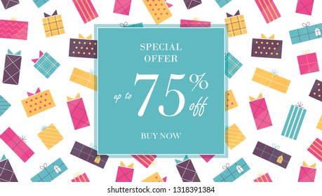 Special offer sale banner. Buy now. Up to 75% discount. Abstract geometrical background