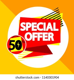 Special offer, sale banner design template, discount tag, 50% off, vector illustration
