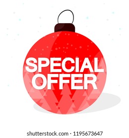 Special offer, sale banner design template, Xmas discount tag, Christmas tree toy, vector illustration