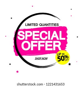 Special Offer, Sale banner design template, up to 50% off, discount tag, app icon, vector illustration