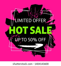 Special offer sale banner. Discounts up to 50 percents off. Card, label, post design. Bright background. Vector illustration EPS 10.