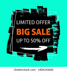 Special offer sale banner. Discounts up to 50 percents off. Card, label, post design. Bright background. Vector illustration EPS 10.