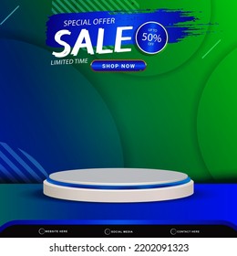 special offer sale banner social media template post with blank space 3d podium for product with abstract blue and green gradient background design