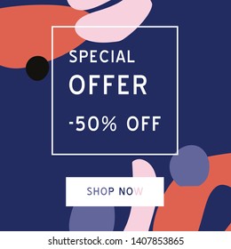 Special Offer Sale banner template for social media. Feminine abstract background. Fluid moder style.