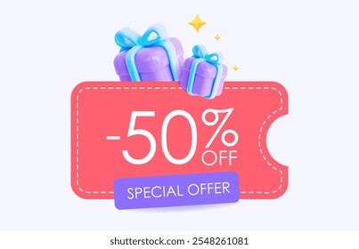 Modelo de banner de venda de oferta especial. Cupom com presentes. Design vetorial