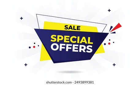Special offer sale banner with vibrant blue, yellow, and red shapes on a clean white background, perfect for eye catching promotions discount, offer, special, banner, promotion, sale, vector, template