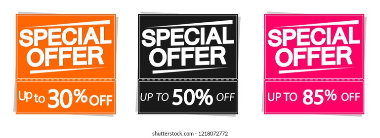 Special offer, sale banners design template, 30% 50% 85% off, discount tags, vector illustration