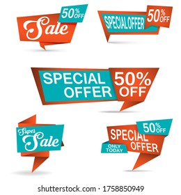 Special offer sale banners set in orange and green colours with 50% off text - Vetor 