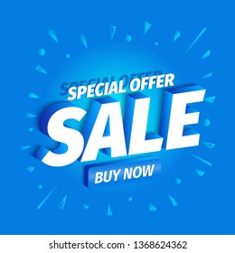 Special offer sale. Buy now. 3d letters on a blue background. Advertising promotion poster. Special offer slogan with button. Call for purchases offer. Vector color Illustration text marketing clipart