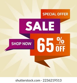 special offer sale buy now 65% off purple and orange