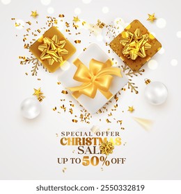 Special offer sale Christmas and Happy New Year social media post design. Christmas product discount poster design with a golden and white color gift box. Xmas holiday poster design template. 