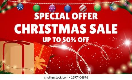 Special Offer Sale. Christmas Shop Now. Many Different New Year Gifts on The Festive Background. Merry Christmas and Happy New Year. Colored. Winter Holidays Set Realistic gifts. Vector Illustration