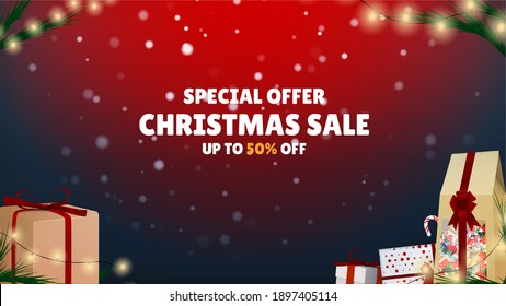 Special offer Sale. Christmas Shop Now. Many Different New Year Gifts on The Festive Background. Merry Christmas and Happy New Year. Colored. Winter Holidays Set Realistic gifts. Vector Illustration