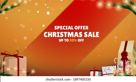 Special offer Sale. Christmas Shop Now. Many Different New Year Gifts on The Festive Background. Merry Christmas and Happy New Year. Colored. Winter Holidays Set Realistic gifts. Vector Illustration