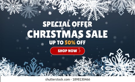 Special Offer Sale. Christmas Shop Now. Many Different New Year Gifts on The Festive Background. Merry Christmas and Happy New Year. Colored. Winter Holidays Set Realistic gifts. Vector Illustration