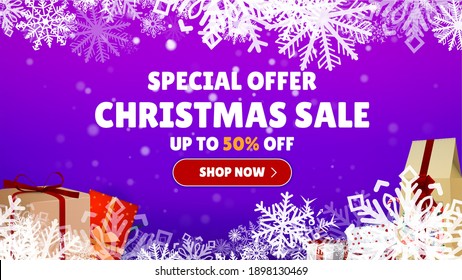 Special Offer Sale. Christmas Shop Now. Many Different New Year Gifts on The Festive Background. Merry Christmas and Happy New Year. Colored. Winter Holidays Set Realistic gifts. Vector Illustration