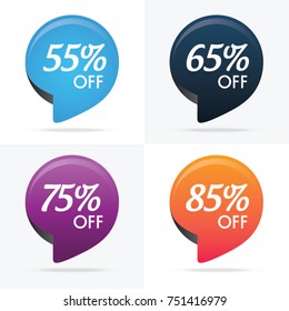 Special offer sale circle gradient tag isolated vector illustration. Discount offer price label, sale promo marketing, 55%, 65%, 75% and 85% off discount sticker