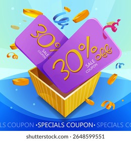 Special offer or sale coupon. Advertising or marketing banner with gift certificates or discount vouchers flying out of open box along with confetti and gold coins. Cartoon 3D vector illustration