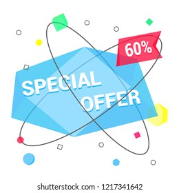 Special offer sale deal geometric flat style banner vector illustration. Holiday promotion card with simple forms and shapes. Concept of flyer or discount event. Save your money voucher or badge.