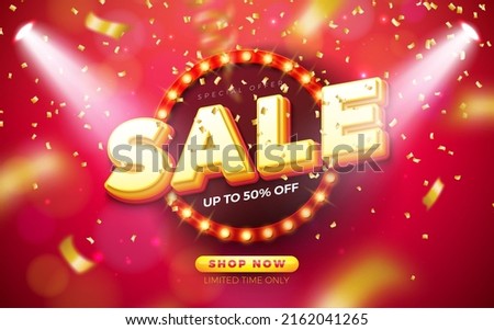 Special Offer Sale Design with Light Bulb Billboard and Falling Confetti on Red Background. Vector Promotional Shopping Day Illustration for Coupon, Voucher, Banner, Flyer, Promotional Poster