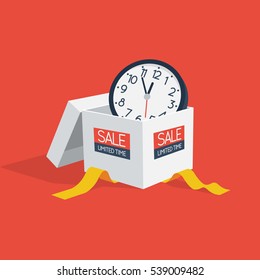 Special offer sale discount symbol with open gift and wall watch isolated on red background. Easy to use for your design with transparent shadows.