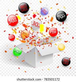 Special offer sale discount symbol with open gift and flow labels. Easy to use for your design.