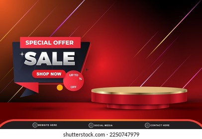 special offer sale discount template banner with blank space 3d podium for product sale with abstract gradient red background design