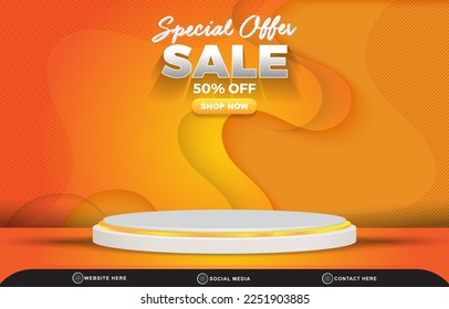 special offer sale discount template banner with blank space 3d podium for product sale with abstract gradient orange and yellow background design
