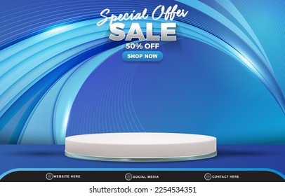 special offer sale discount template banner with blank space 3d podium for product sale with abstract gradient blue background design