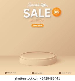 special offer sale discount template banner with copy space 3d podium for product sale with abstract gradient brown and white background design