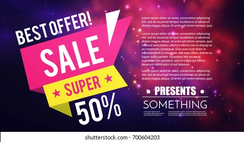 Special offer. Sale flyer template with colorful flat paper banner, light and fog. Vector illustration