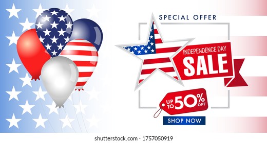 Special offer sale from Fourth of July USA, balloons & flag banner. United States of America weekend discount text for 4 of July on colored balloons, vector Illustration