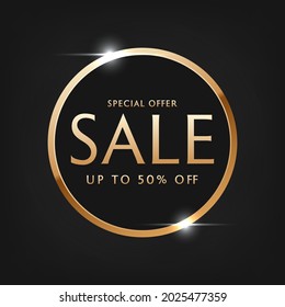 Special offer sale, golden text. Sale vector lettering of gold on black background.