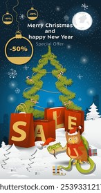 Special offer Sale inscription in the form of large packages standing in a snowy clearing, a snake and an Owl in a Santa Claus hat