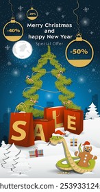 Special offer Sale inscription in the form of large packages standing in a snowy clearing, A snake wraps around a gingerbread man