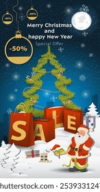 Special offer Sale inscription in the form of large packages standing in a snowy clearing, A snake in a Santa hat wraps around Santa Claus