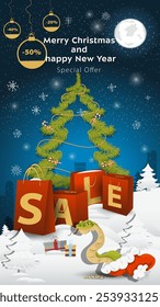 Special offer Sale inscription in the form of large packages standing in a snowy clearing, A snake crawls out of Santa Claus hat