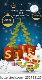 Special offer Sale inscription in the form of large packages standing in a snowy clearing, A snake in a Santa Claus hat wraps around a girl on skates