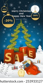 Special offer Sale inscription in the form of large packages standing in a snowy clearing, a bag with gifts and a watch
