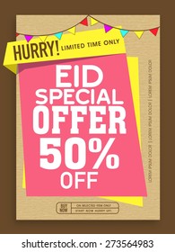 Special Offer Sale Poster, Banner Or Flyer Decorated With Colorful Buntings On Occasion Of Islamic Festival, Eid Celebration.