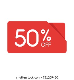 Special offer sale red rectangle origami tag. Discount 50 percent offer price label, symbol for advertising campaign in retail, sale promo marketing, Isolated vector illustration.