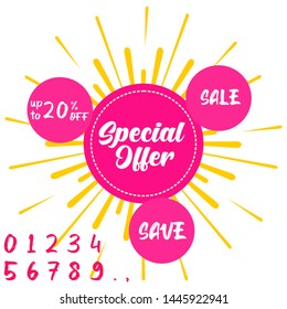 Special offer sale and save vector promotional vintage on the burst background with calligraphic vector numbers 