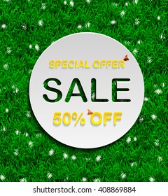 Special offer Sale spring Banner. Vector green grass and daisy background design with flat white round and butterfly. 50%  percent off discount poster. Grassy meadow backdrop