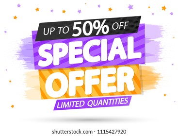 Special Offer, sale tag, discount banner design template, up to 50% off, app icon, vector illustration