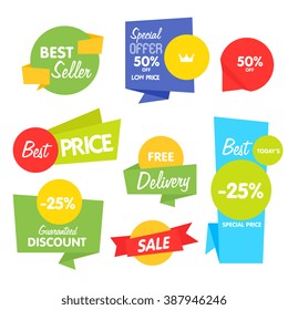 Special offer sale tag discount symbol retail sticker sign price isolated modern graphic style vector. Best seller and exclusive offer tag. Sale badges with different promo offer.