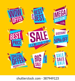 Special offer sale tag discount symbol retail sticker sign price set isolated on yellow background modern graphic style vector illustration. Big sale with wow offer badge. 