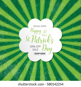 special offer sale text  badge with green  clover leaves halftone effect  background, St. Patrick's Day concept