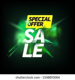 Special offer sale vector concept. Green powder explosion on dark background